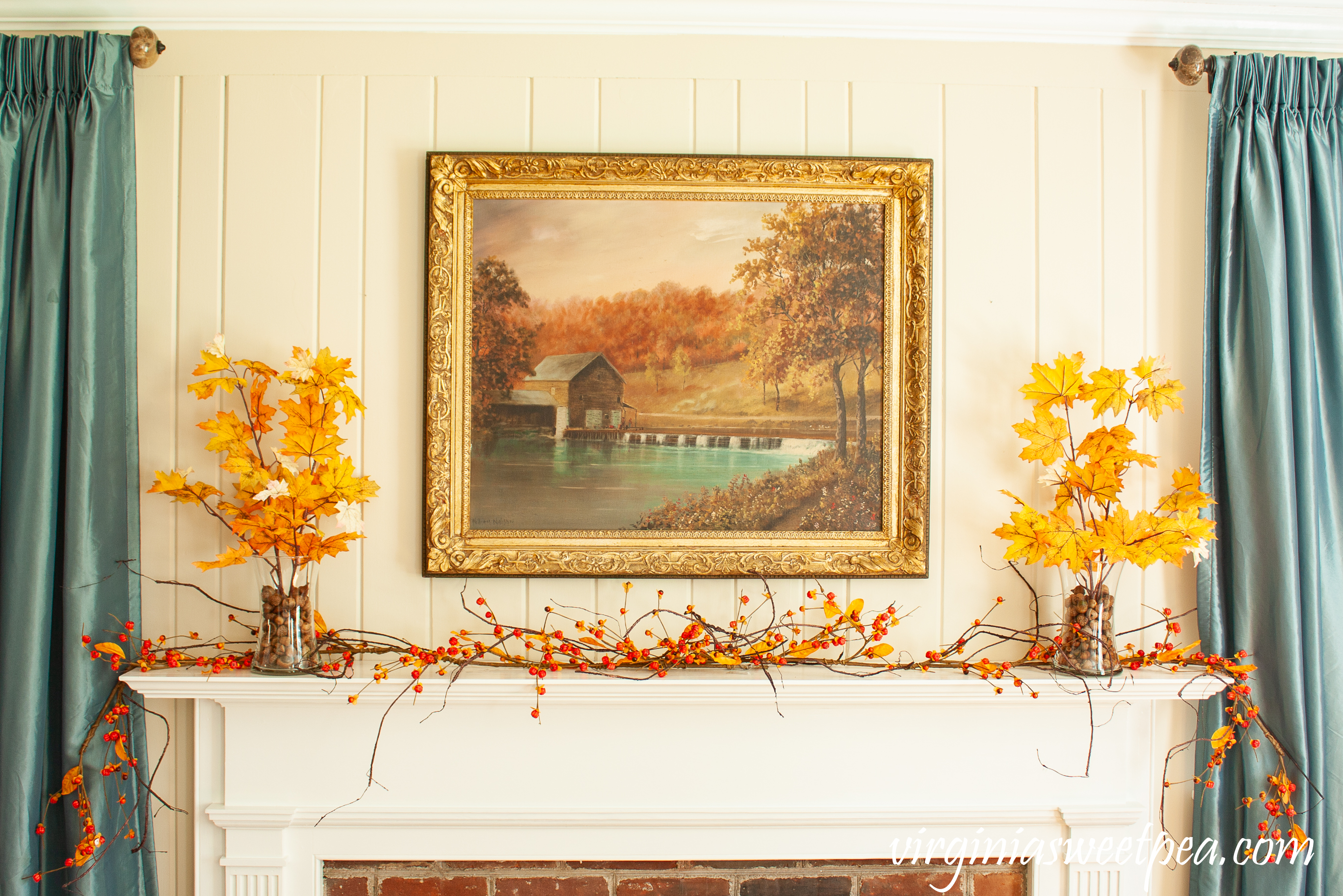 Traditional Fall Mantel - A mantel decorated with a painting of a mill in Sussex County, NJ by William Miller along with fall foliage and bittersweet.