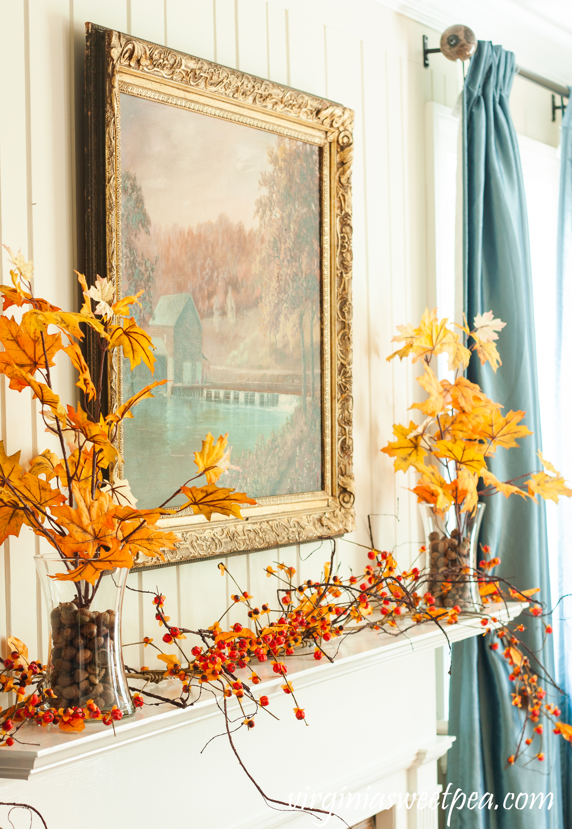 Traditional Fall Mantel - A mantel decorated with a painting of a mill in Sussex County, NJ along with fall foliage and bittersweet.