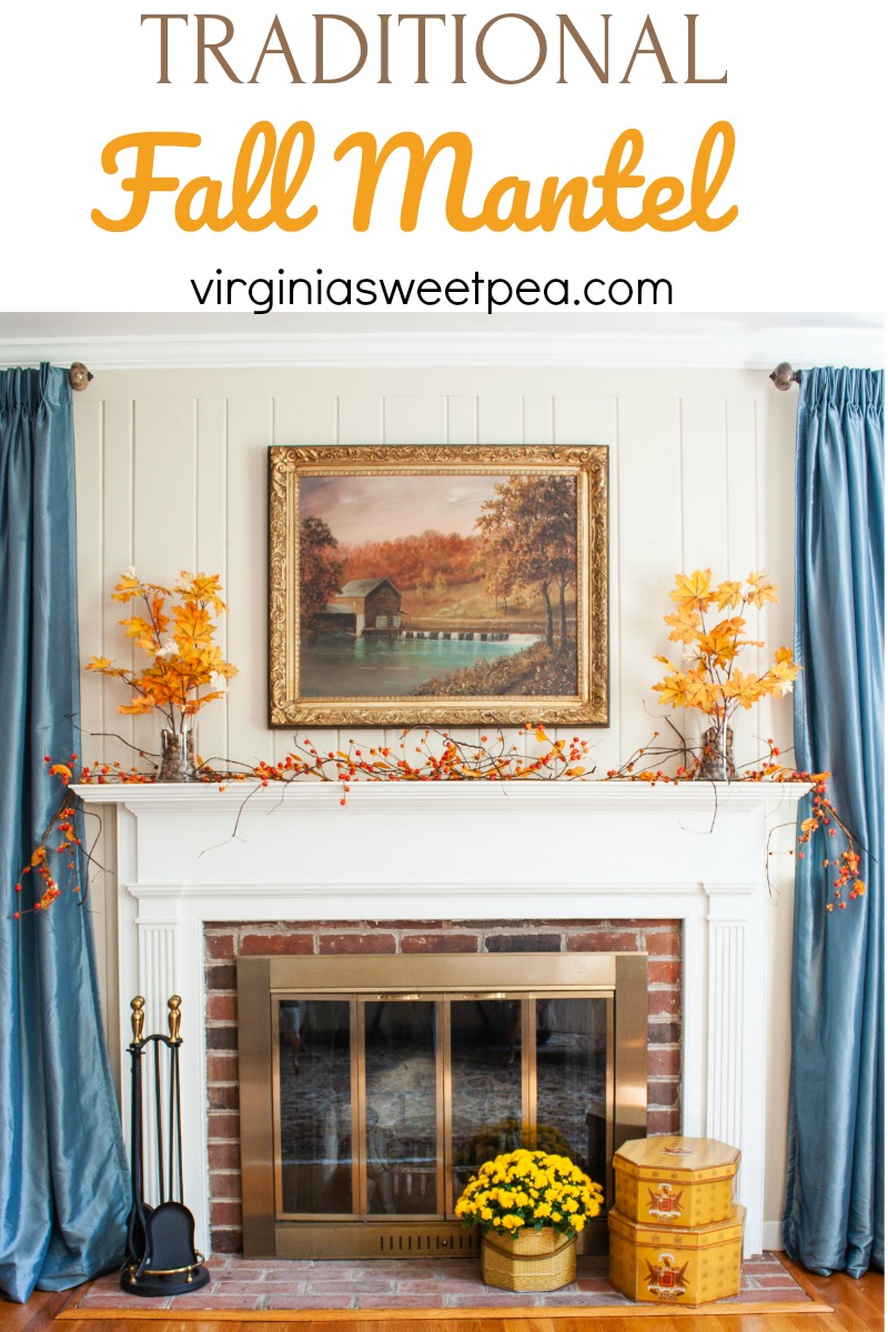 Mantel decorated for fall in a traditional style