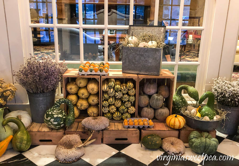 Foyer of the Woodstock Inn decorated for fall