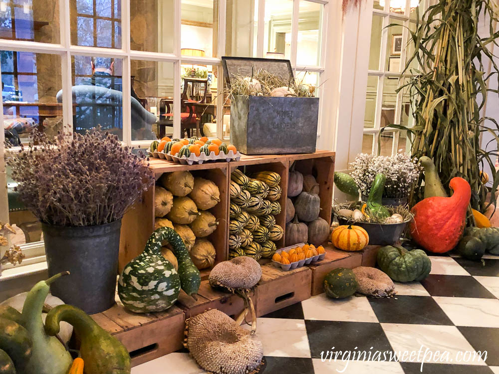 Foyer of the Woodstock Inn decorated for fall