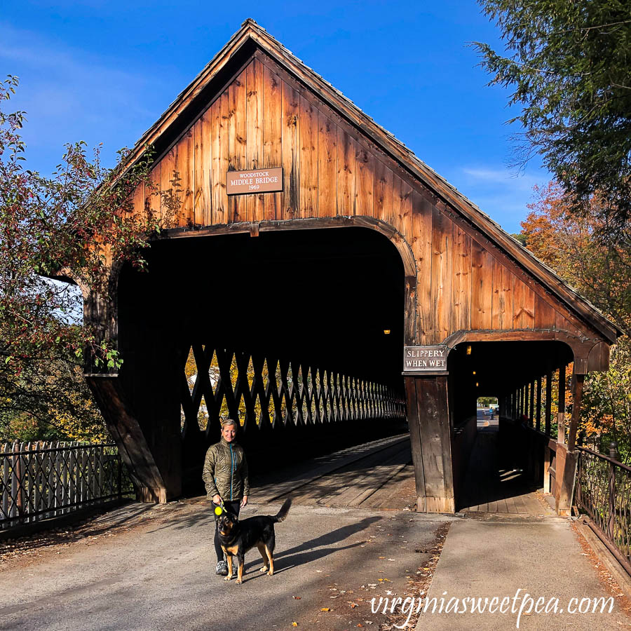 Sherman and Paula Skulina in front of the Woodstock Middle Bridge in Woodstock, Vermont