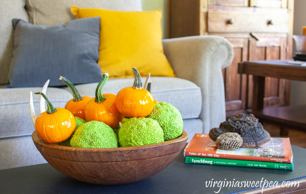 Coffee table decorated for fall with vintage with a wooden bowl filled with osage orange balls and small pumpkins.