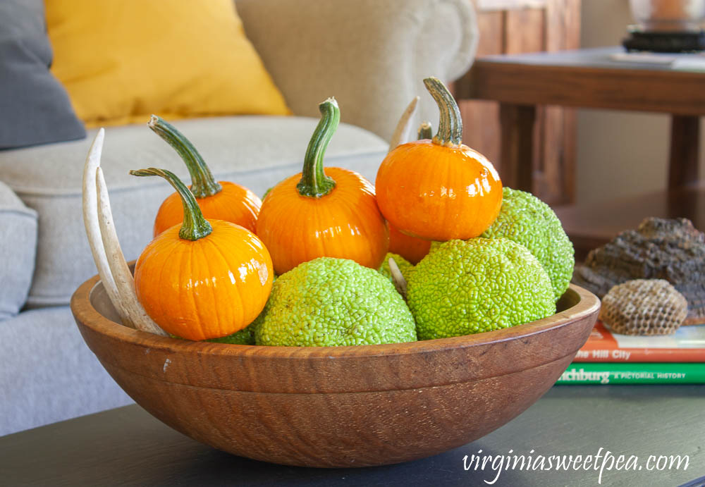 Coffee table decorated for fall with vintage with a wooden bowl filled with osage orange balls and small pumpkins.