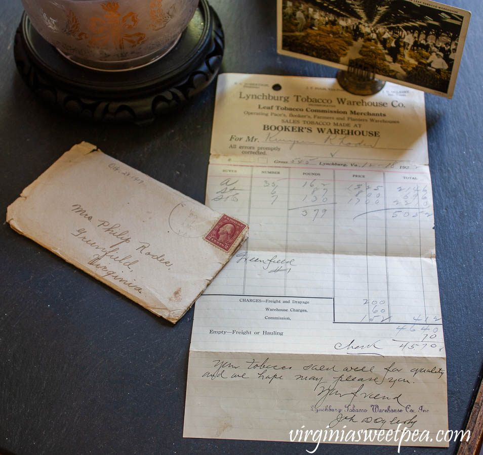 Interior of a Southern Loose Leaf Tobacco Warehouse postcard sent from Raleigh, NC in 1931 and Lynchburg Tobacco Warehouse receipt from 1922 and a letter postmarked 1917 