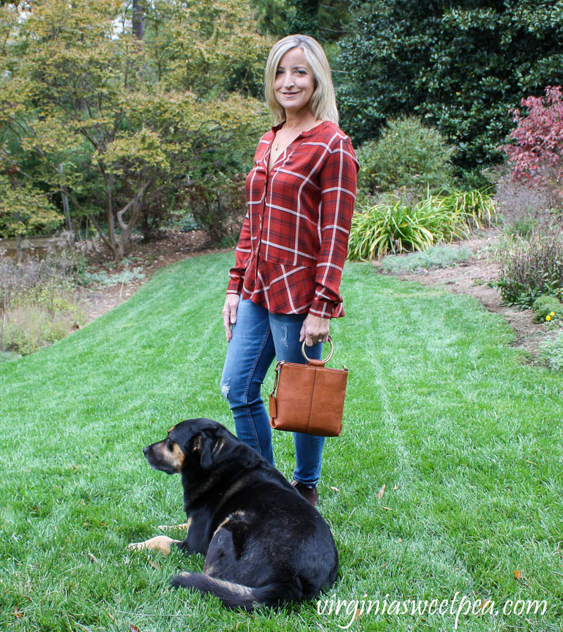 Stitch Fix reCreation Catha Skirted Plaid Top with Vigoss Elaine Distressed Girlfriend Jeans