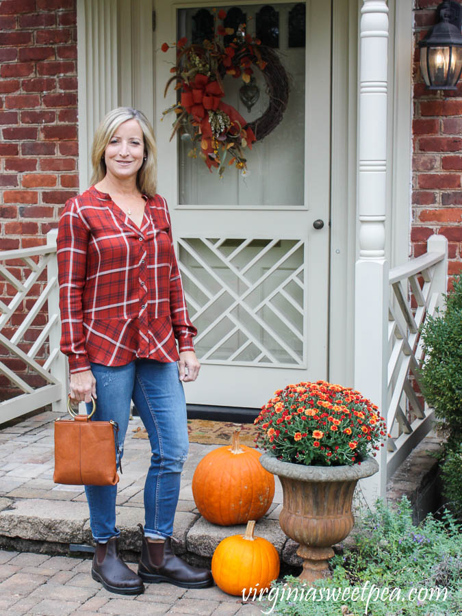 Stitch Fix reCreation Catha Skirted Plaid Top with Vigoss Elaine Distressed Girlfriend Jeans