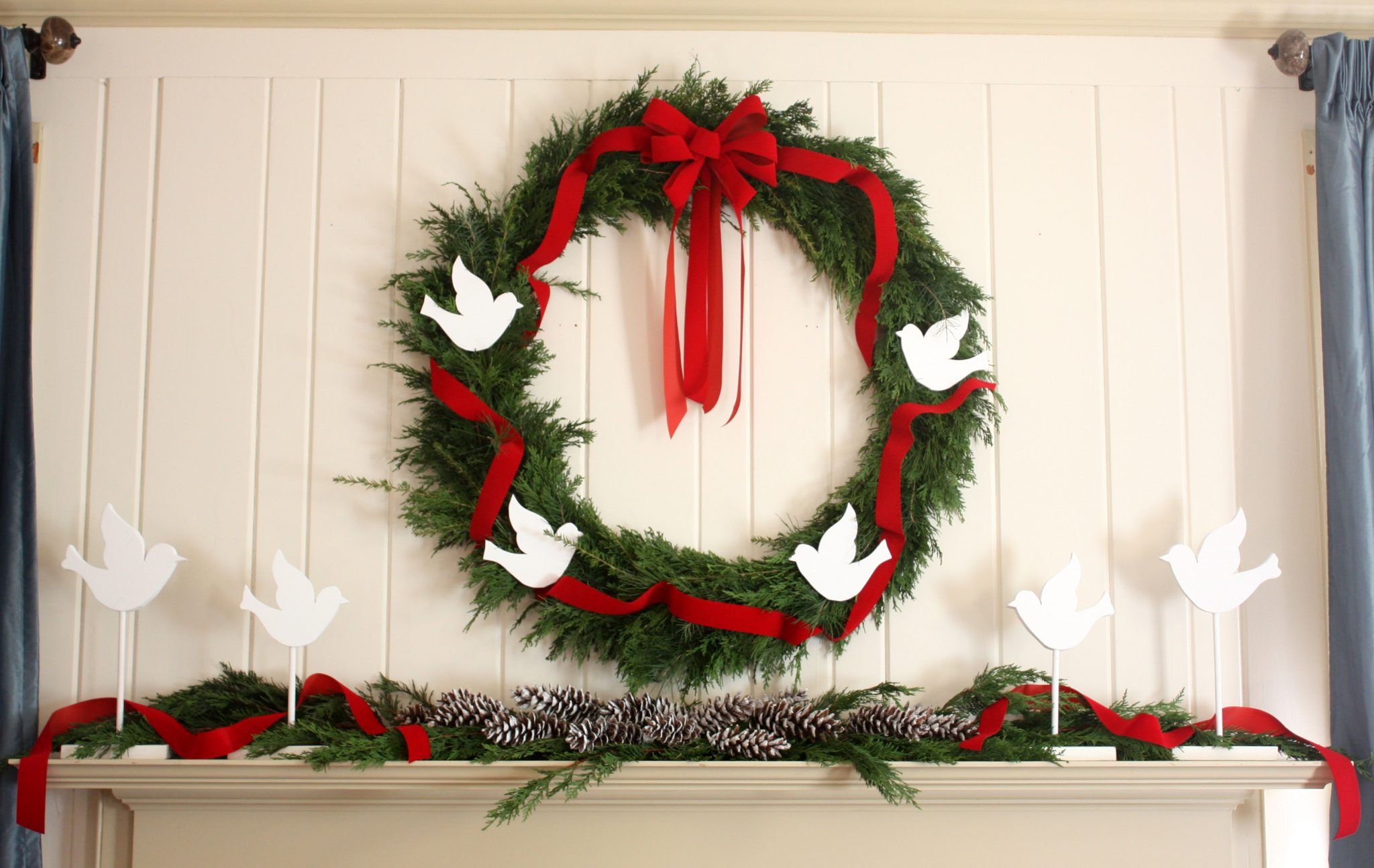 Four calling birds themed Christmas mantel