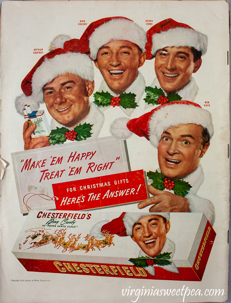 Chesterfield Christmas Cigarette ad with Bing Crosby, Bob Hope, Arthur Godfrey, and Perry Como from a December 25, 1950 issue of Life Magazine