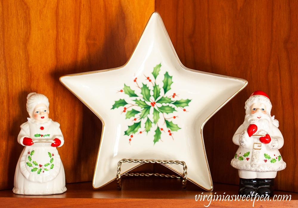 Kitchen shelf decorated for Christmas with Lenox Holiday pieces