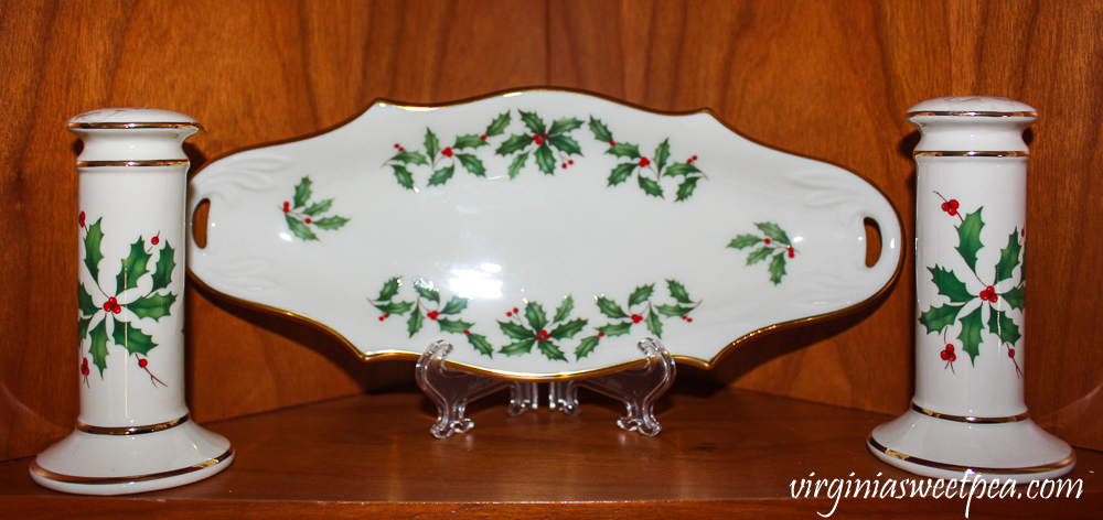 Kitchen shelf decorated for Christmas with Lenox Holiday pieces