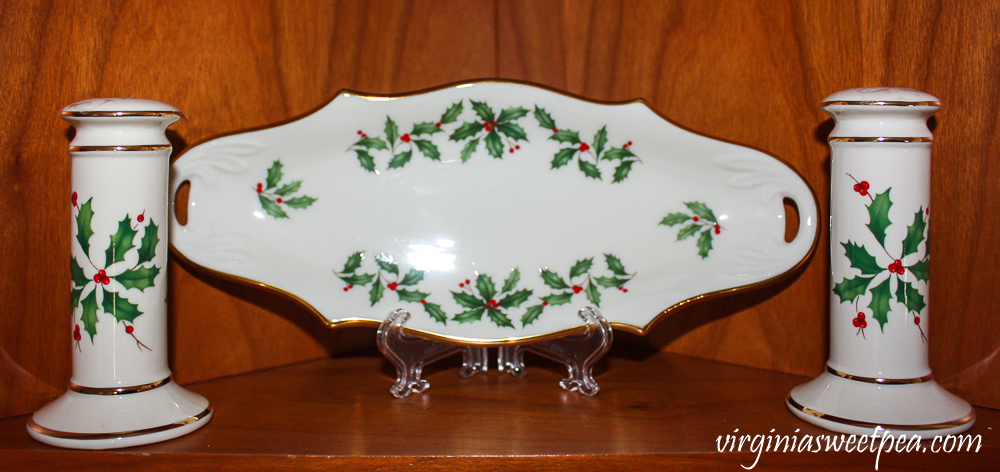 Kitchen shelf decorated for Christmas with Lenox Holiday pieces