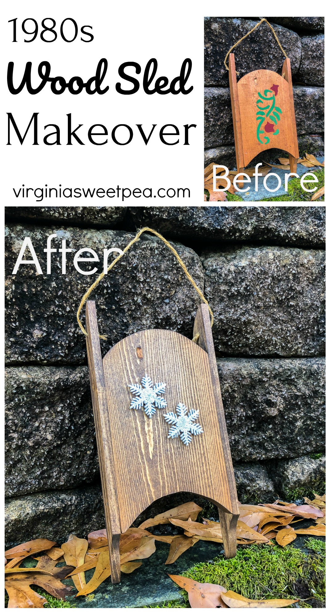 Wood sled made in the 1980s refinished and decorated with snowflakes.