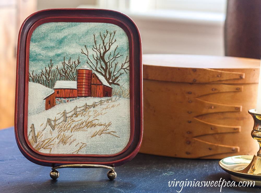 Embroidered barn scene, brass candle holder and candle, handmade wood box
