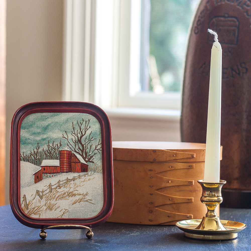 Embroidered barn scene, brass candle holder and candle, handmade wood box