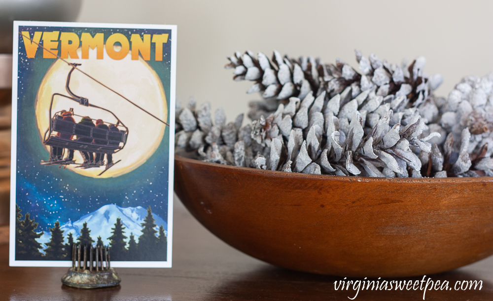 Vermont postcard, vintage wood bowl filled with pine cones