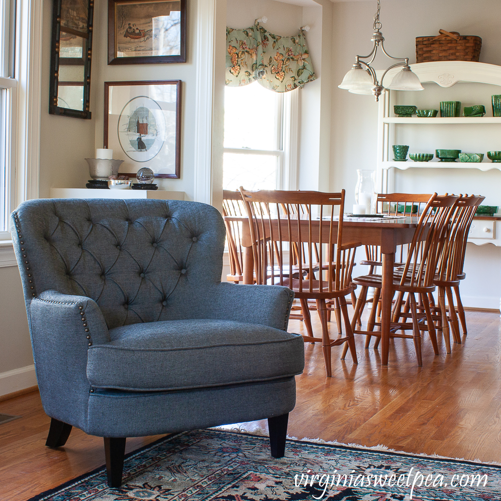 Family room decorated for winter, new chair from Amazon