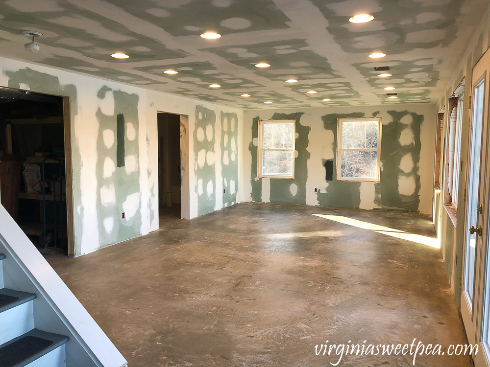 Basement after drywall has been taped, mudded, and sanded