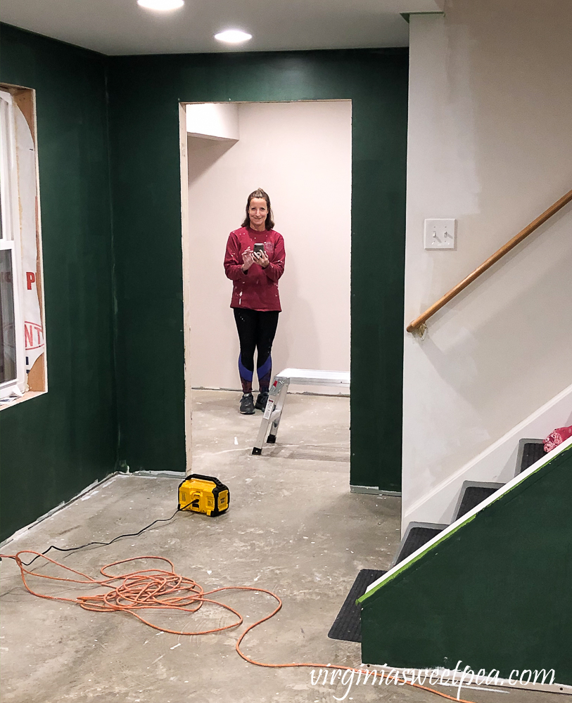 Basement painted with Sherwin Williams Rock Garden and Bedroom Painted with Sherwin Williams Cultured Pearl