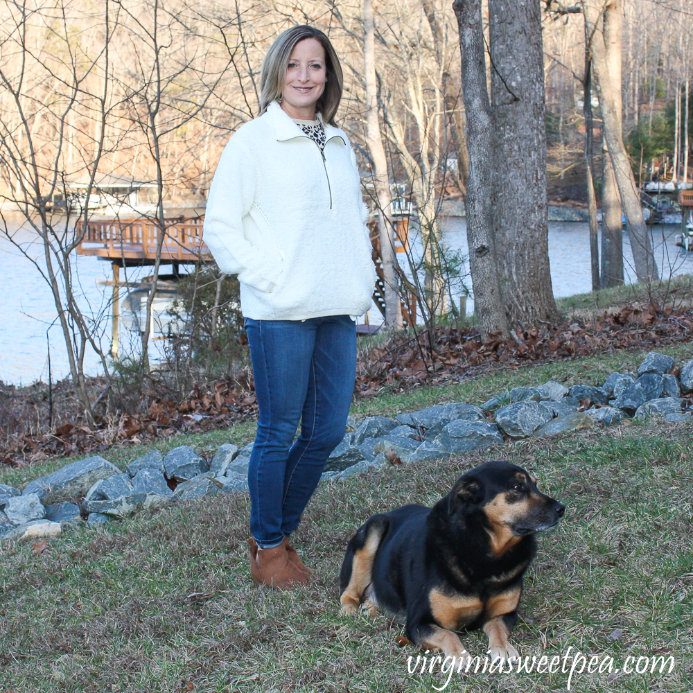 Stitch Fix Review for 2020 - Teeberry & Weave Golly Sherpa Fur Quarter Zip Pullover with Prosperity Torrie Skinny Jean