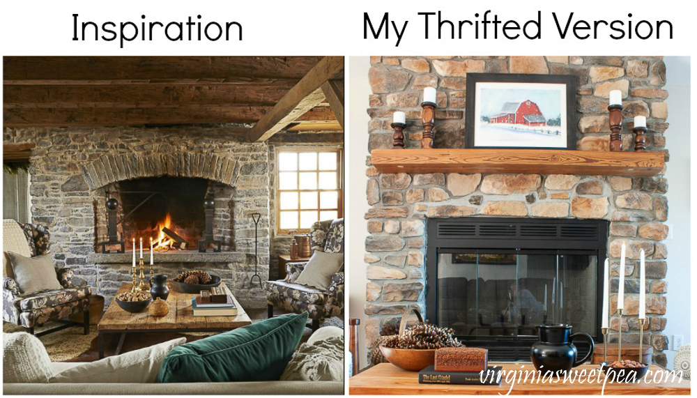 Magazine picture winter cabin scene and same scene recreated by shopping thrift stores