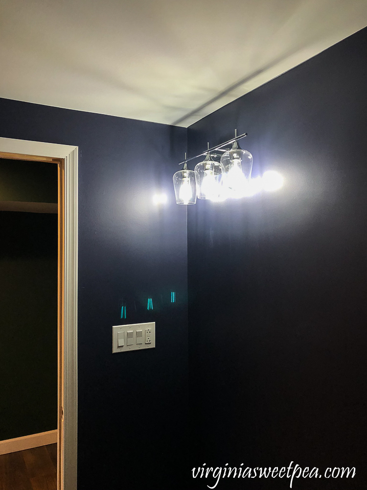 Bathroom with Walls Painted with Sherwin Williams Emerald Paint in Charcoal Blue