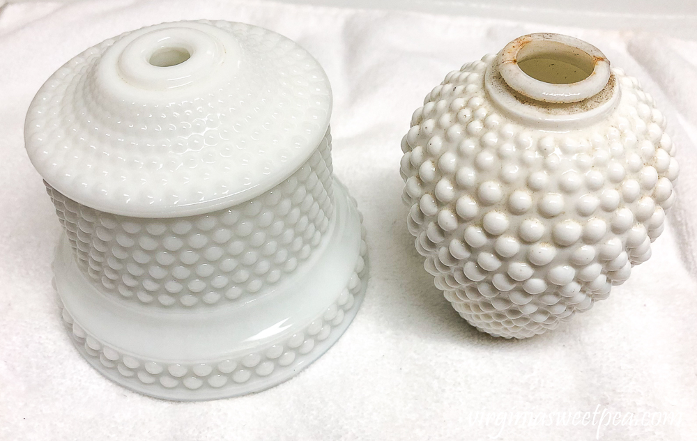 Milk Glass Lamp Makeover - One part of the lamp cleaned and the other not cleaned