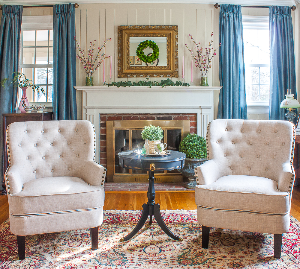 Wayfair Ivo Wingback Chairs in Beige Linen in a living room decorated for spring