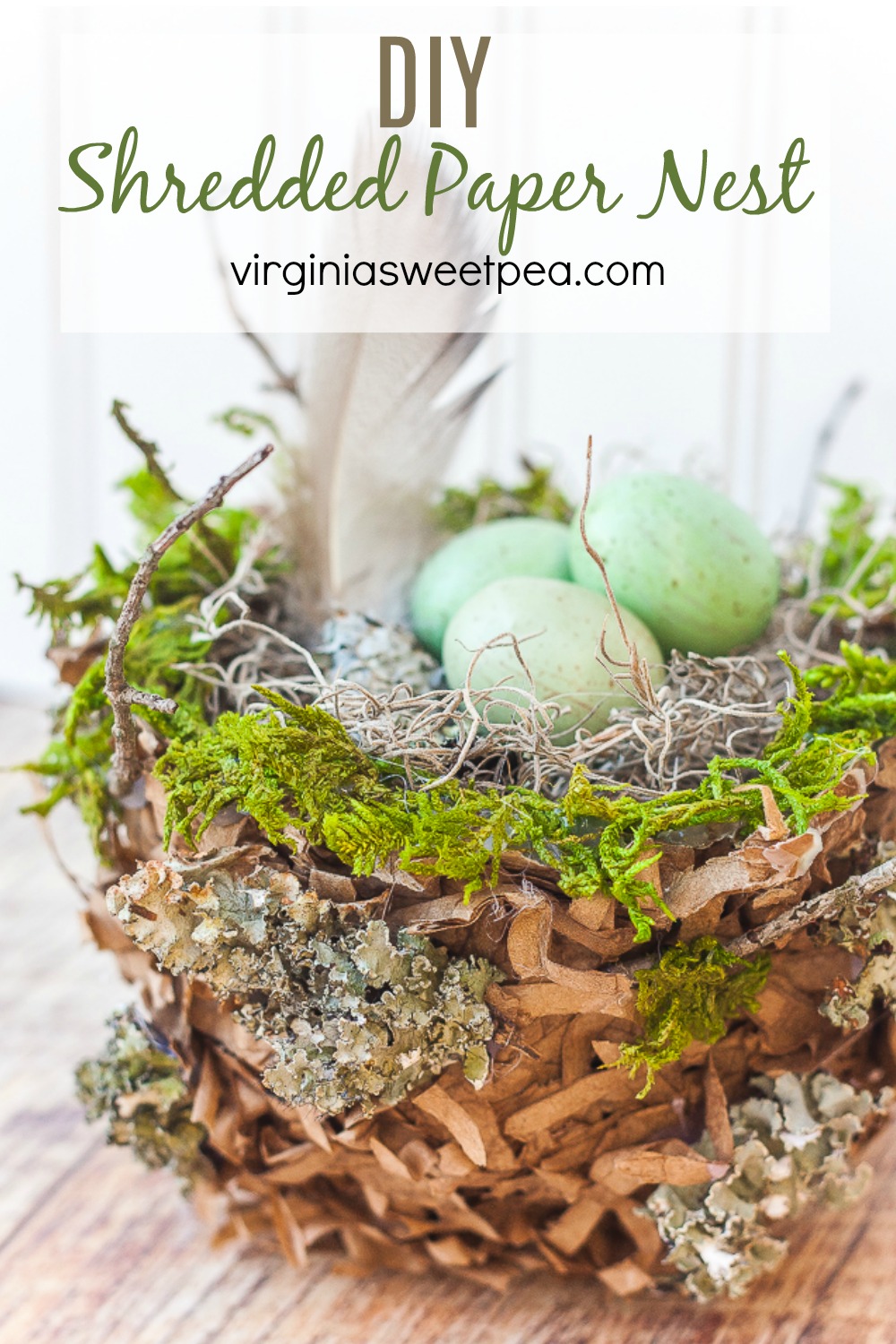 Nest made from shredded paper bags and embellished with moss and lichen