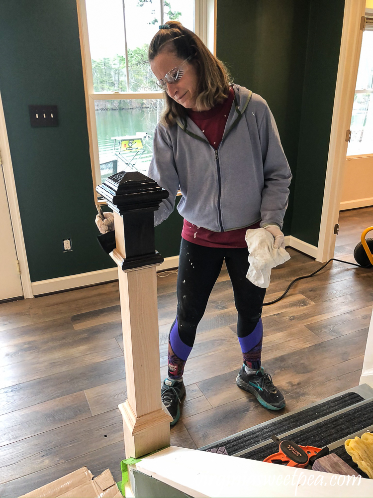 Staining a newel post with Zar stain in Charcoal