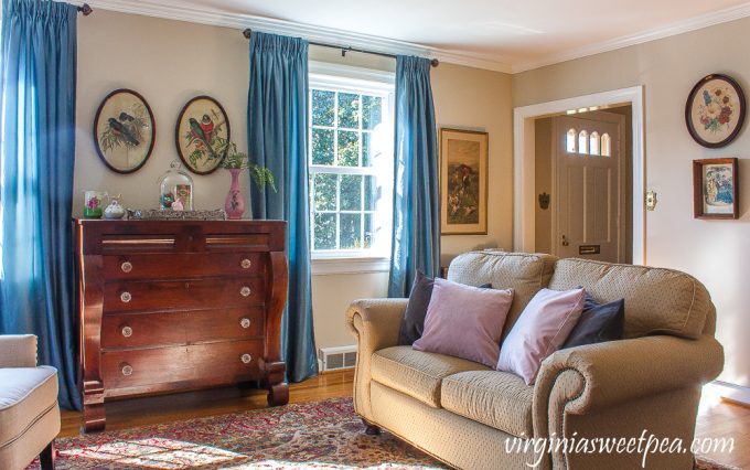 Living room decorated for spring with pink and green