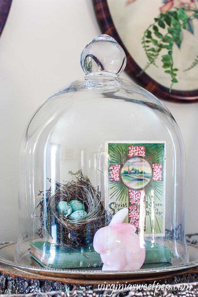 Spring Vignette with a cloche with nest, fenton rabbit and postcard