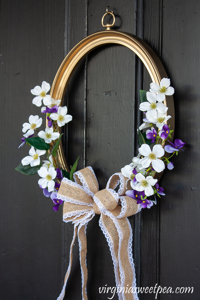 Picture frame spring wreath with florals and a burlap and lace bow