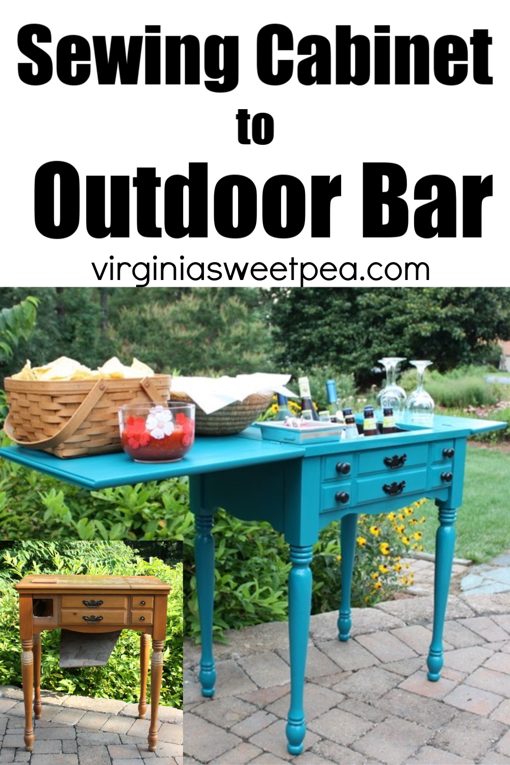 Sewing cabinet repurposed to outdoor bar