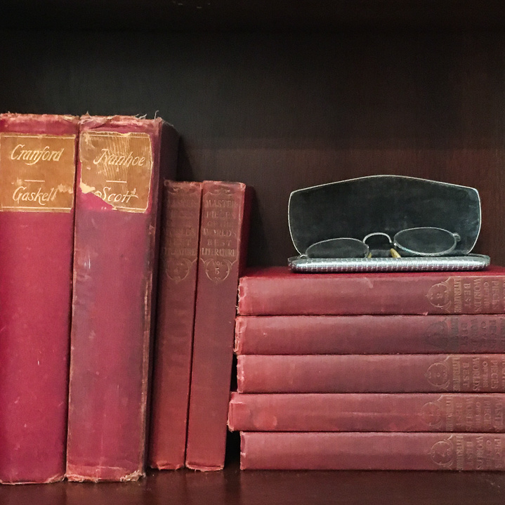 Antique and Vintage Books and an antique set of reading glasses