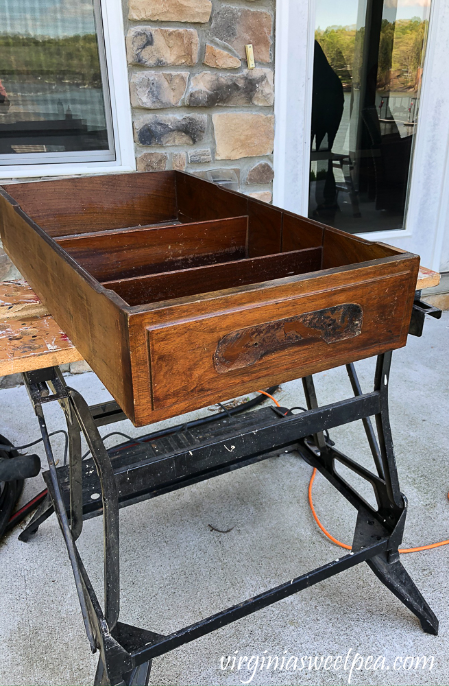 Refinishing a vintage office desk - drawer before sanding