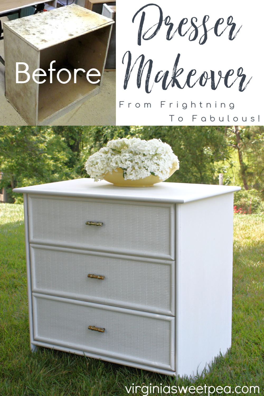 Dresser with bamboo pulls and wicker-look drawer fronts painted white.