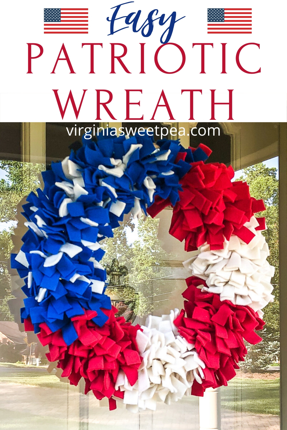 Red, white, and blue wreath made with fleece strips.