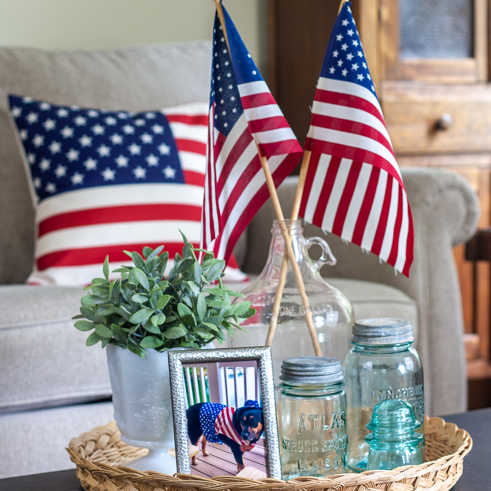 Patriotic Vignete with vintage Mason jars, vintage clear glass jug holding flags, and white milk glass compote with a faux plant and an American flag pillow in the background