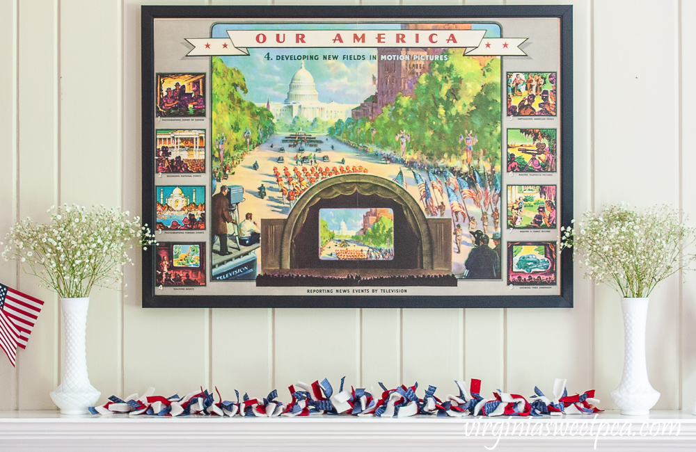 Living room and mantel decorated patriotically with vintage.