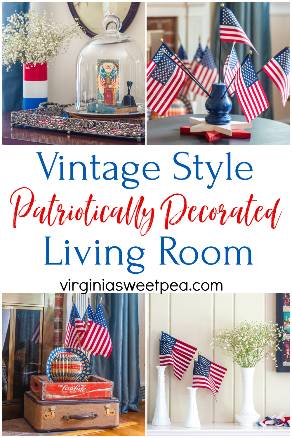 Living room and mantel decorated patriotically with vintage.