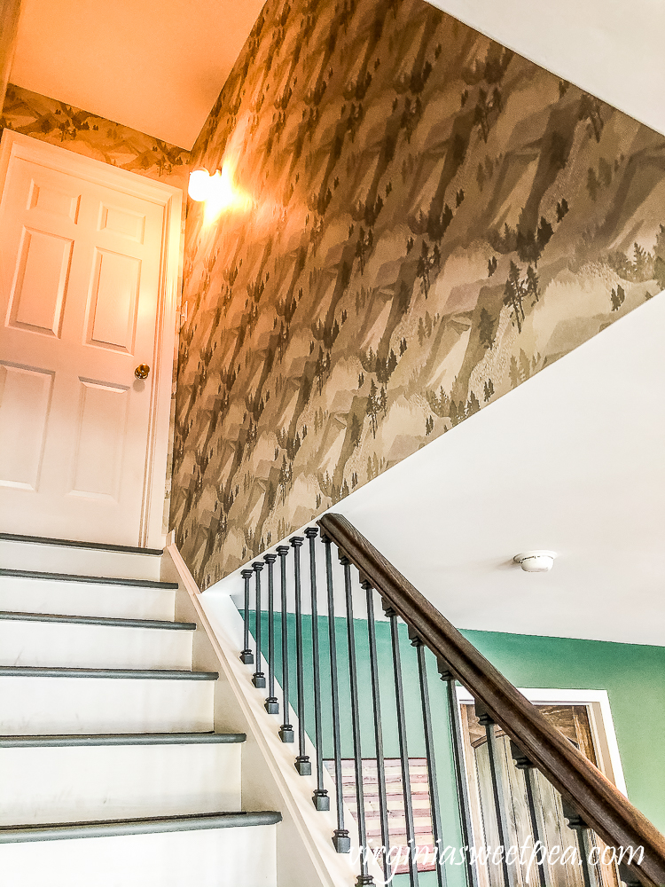 Wallpaper with a mountain and forest theme in a stairwell