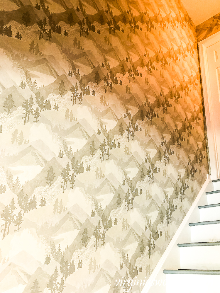 Wallpaper with a mountain and forest theme in a stairwell