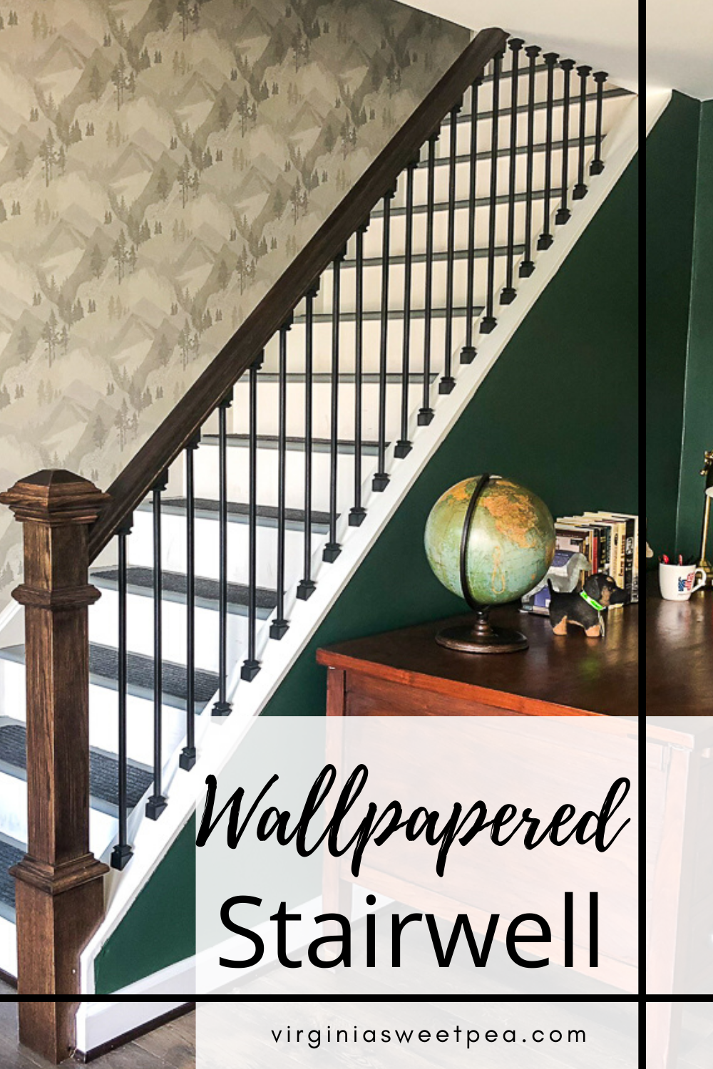 Wallpapered stairwell in a lake house