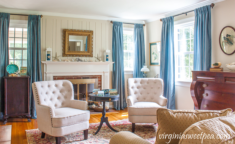 Living room decorated for summer with a coastal theme