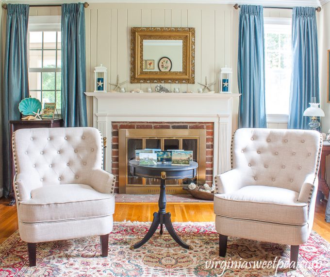 Living room decorated for summer with a coastal theme