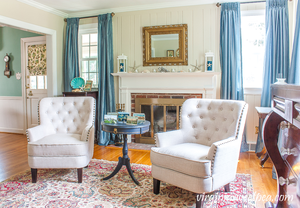 Living room decorated for summer with a coastal theme