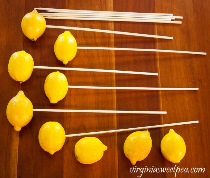 Lemons on a skewer for a flower arrangement