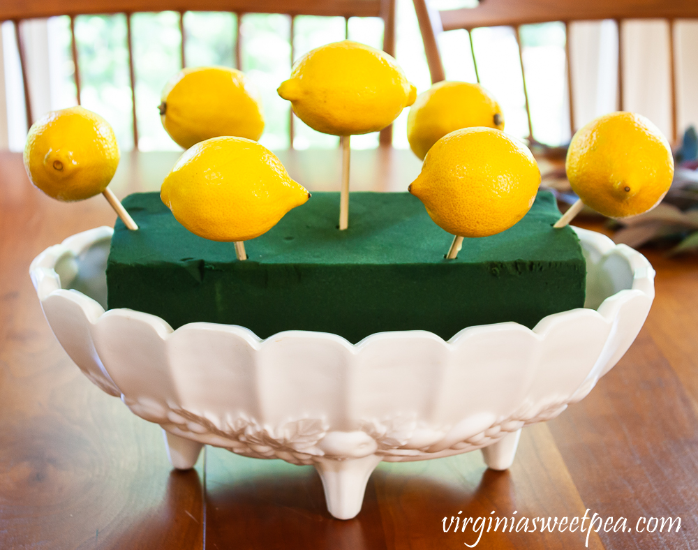 Lemons on skewers arranged in white milk glass Indiana fruit bowl