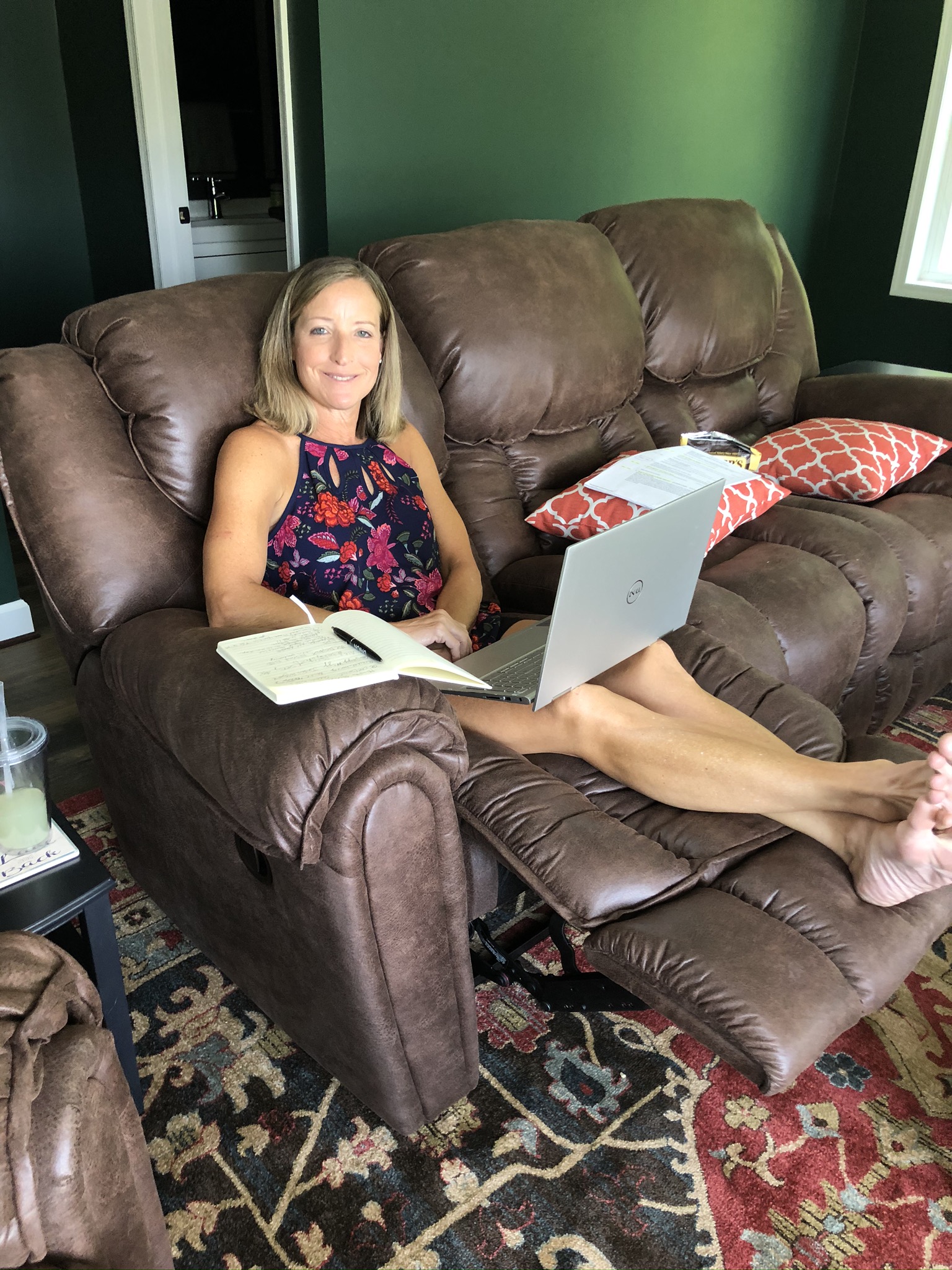 Paula Skulina blogging from a Homestretch sofa recliner